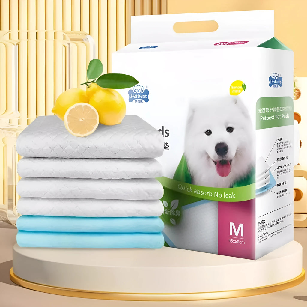 Pack of thickened dog urine pads showing size options and bamboo charcoal or lemon scent variants