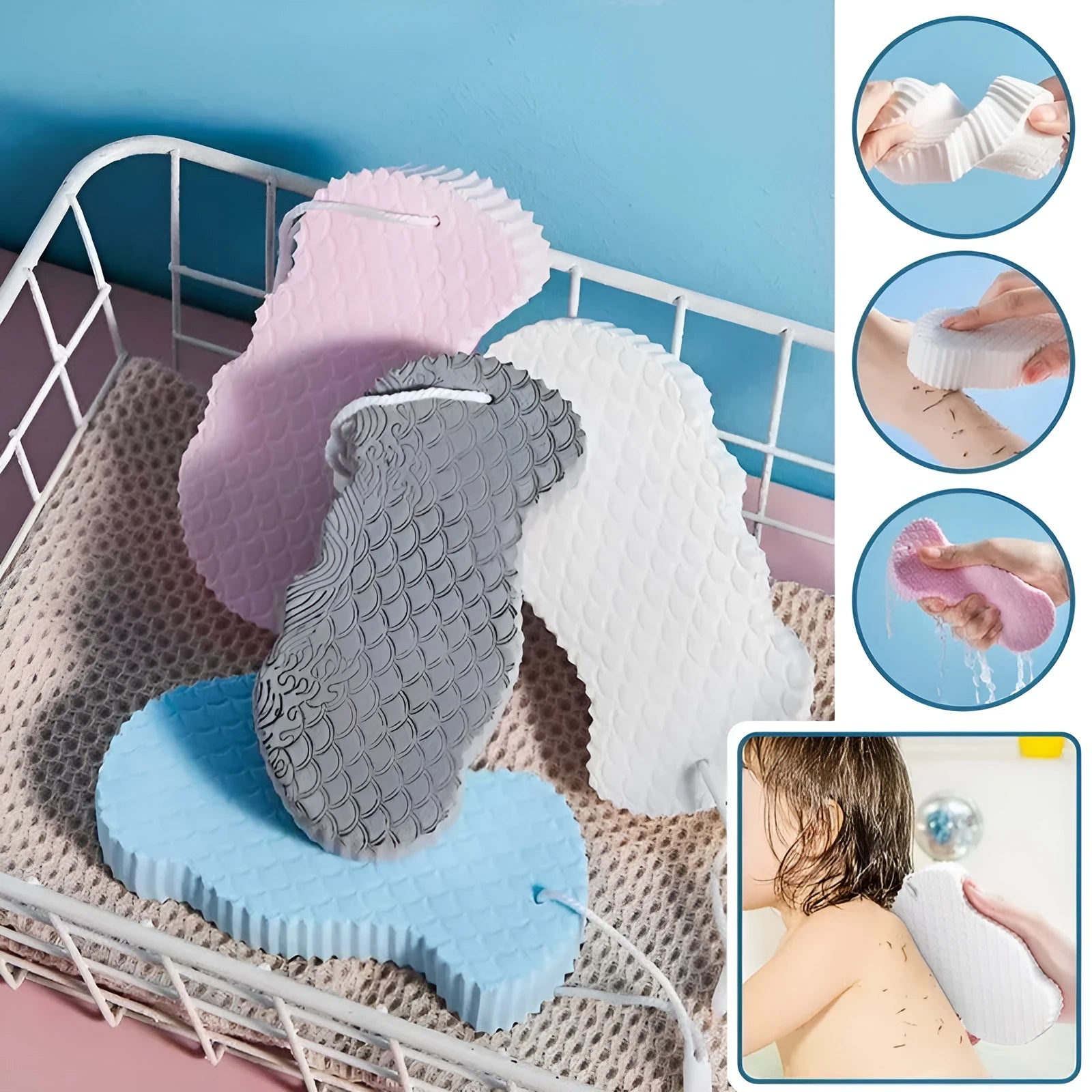 3D fish scale pattern bath sponge in white, grey, pink or light blue colours for body exfoliation