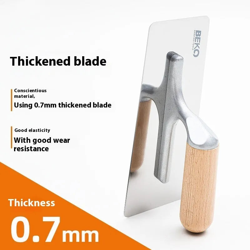 Stainless steel putty scraper tool with wooden handle for decorative floor and wall plastering work