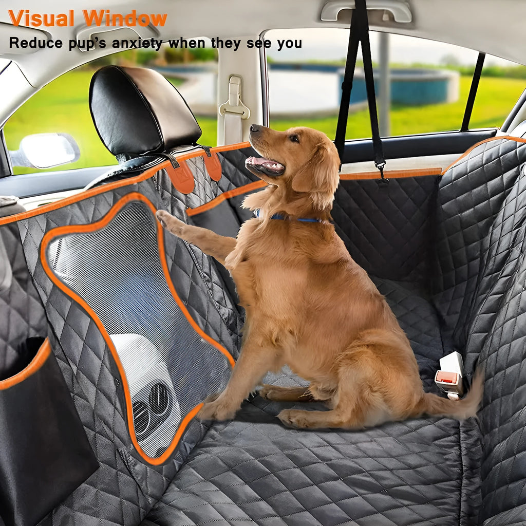 Black waterproof dog car hammock with orange edge, installed on rear seats with mesh window visible.