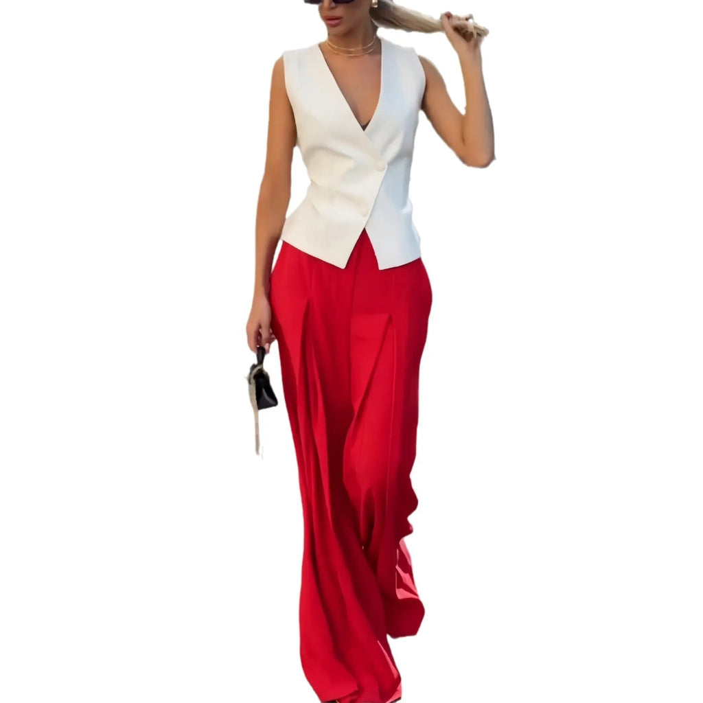 Women's beige deep V-neck sleeveless top with matching high-waist wide-leg trousers two-piece set