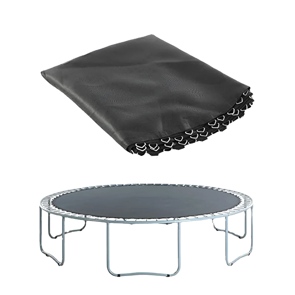 Round elastic trampoline replacement bungee mat with multiple attached cords and buttons.