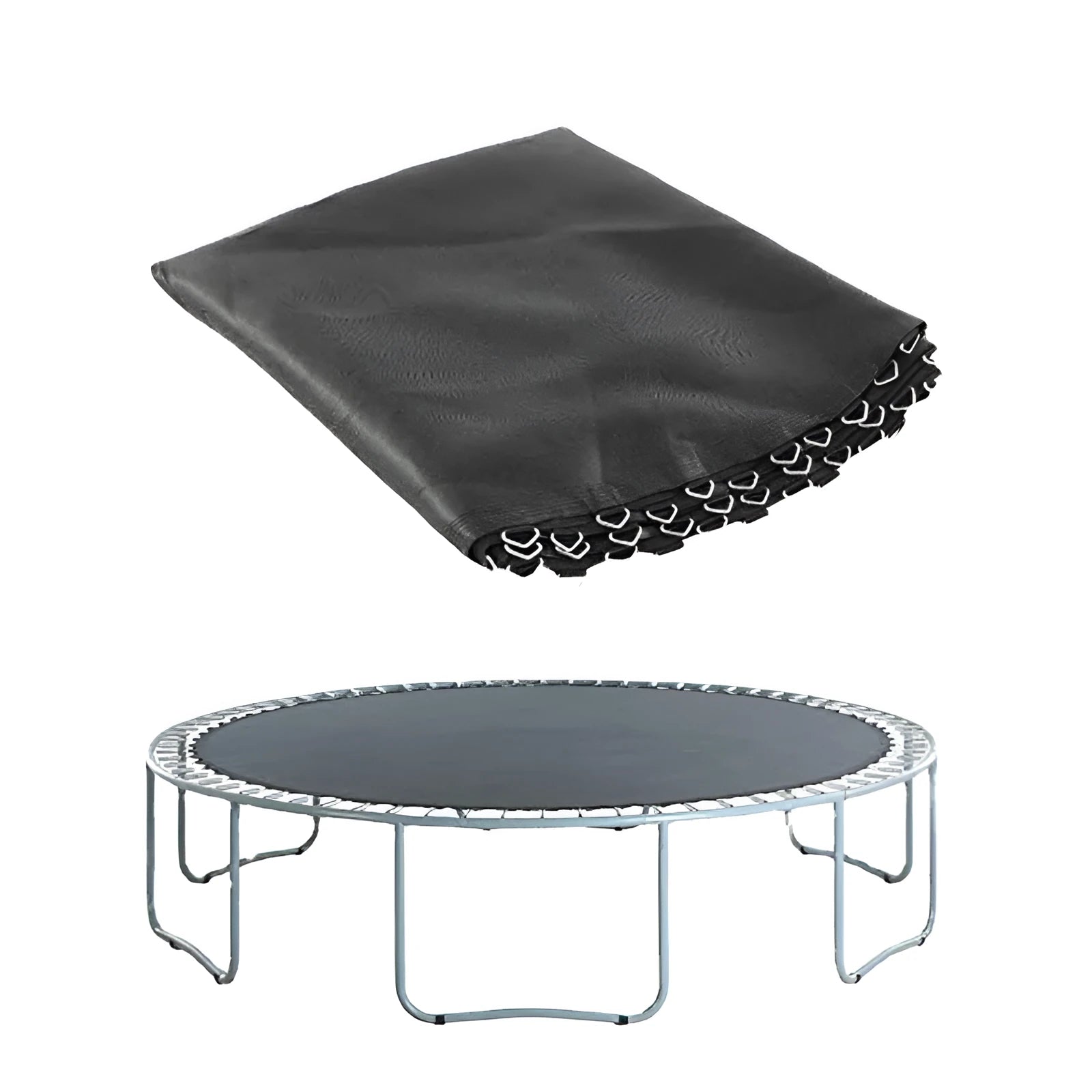 Round elastic trampoline replacement bungee mat with multiple attached cords and buttons.