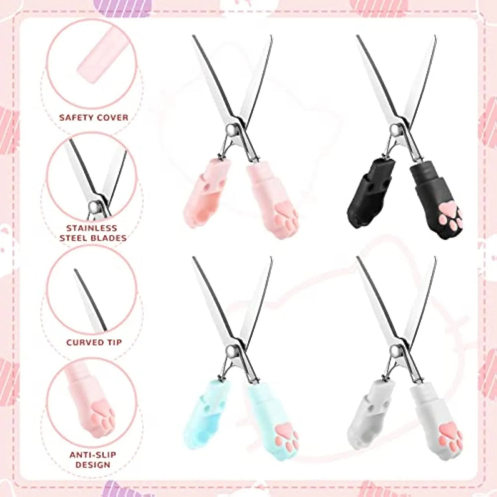 Mini folding scissors with cat paw design in pink, white, black, or blue colours