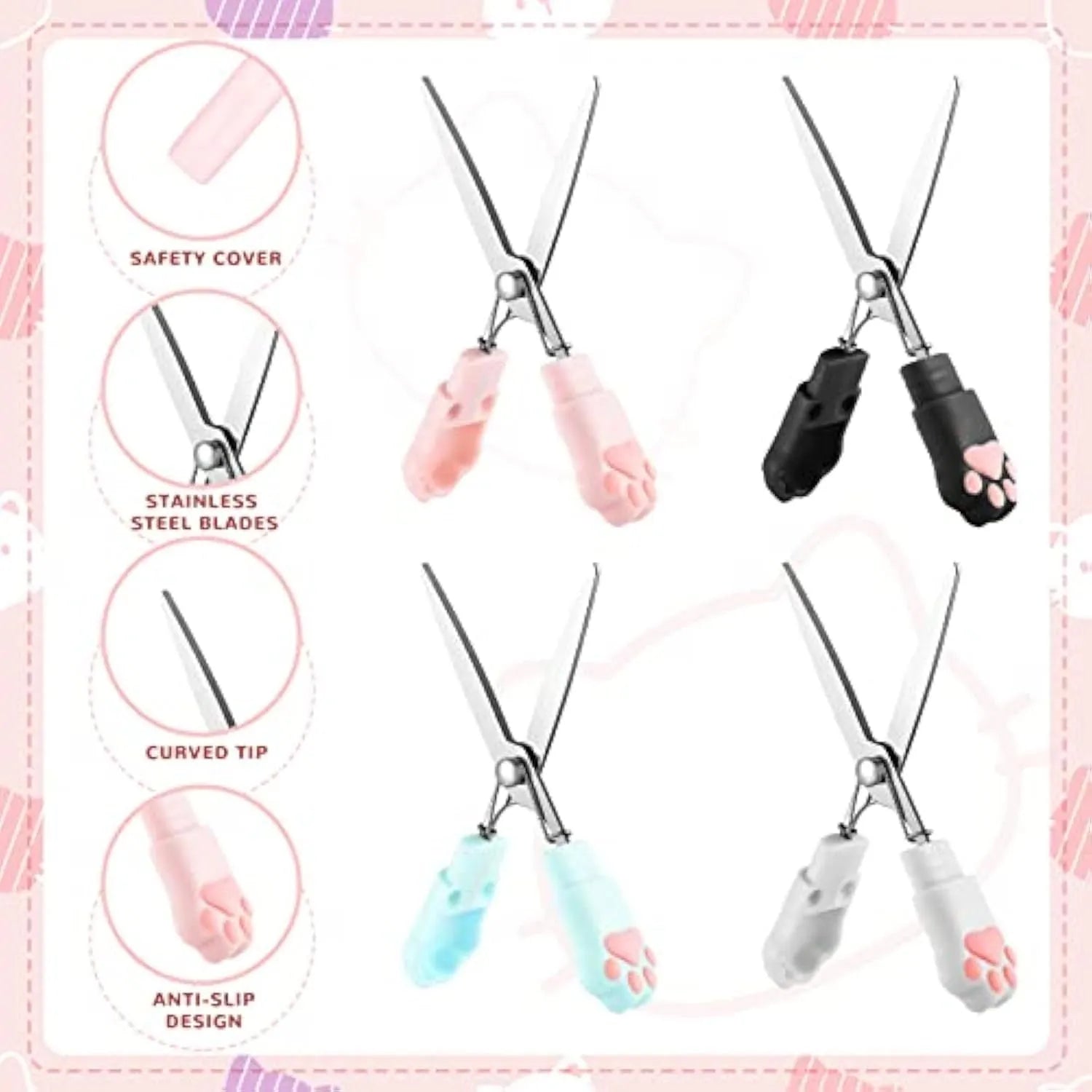 Mini folding scissors with cat paw design in pink, white, black, or blue colours