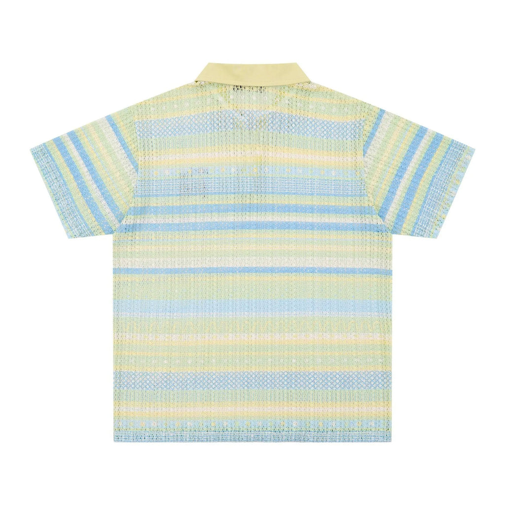 Men's blue printed short sleeve shirt with elastic band fabric on hanger
