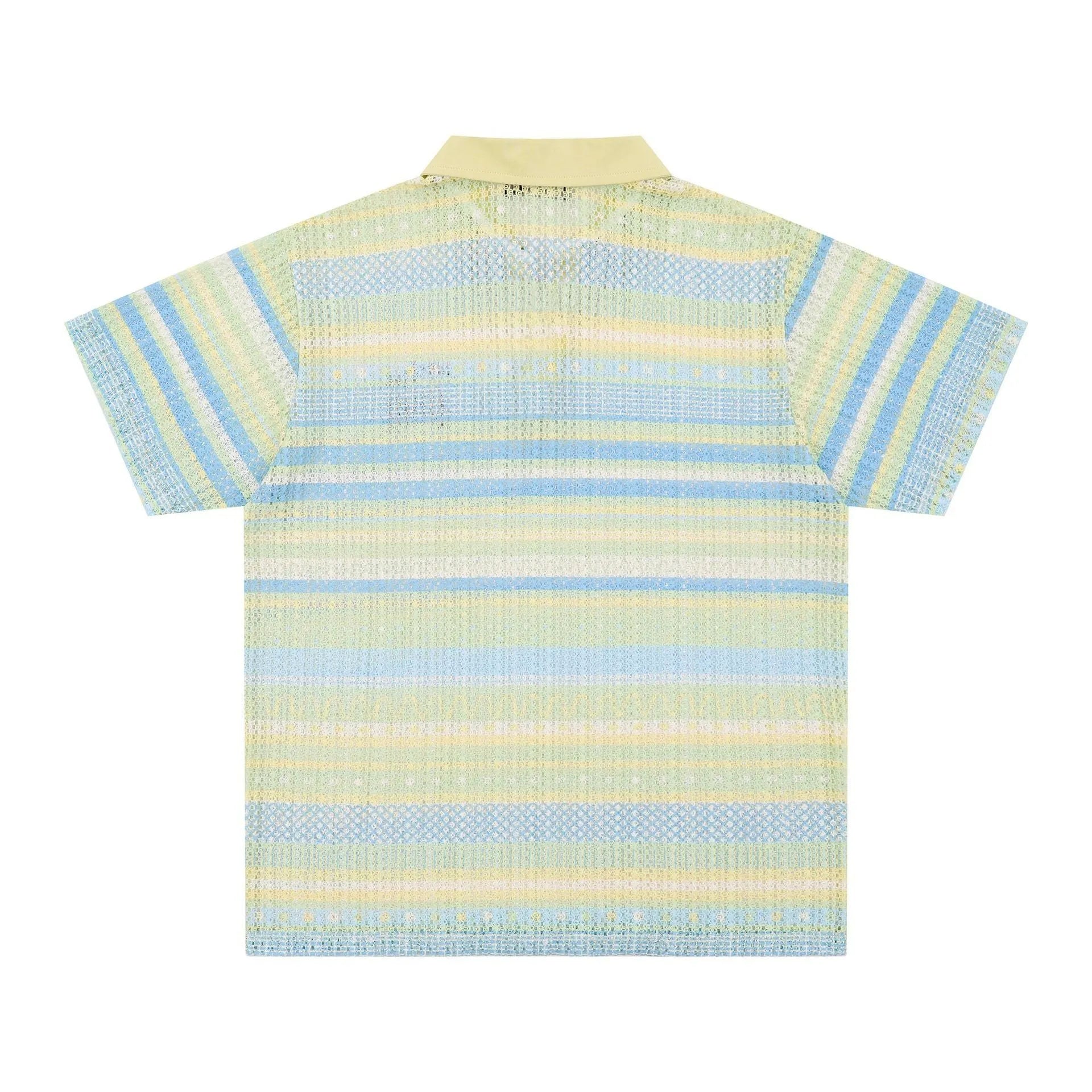 Men's blue printed short sleeve shirt with elastic band fabric on hanger