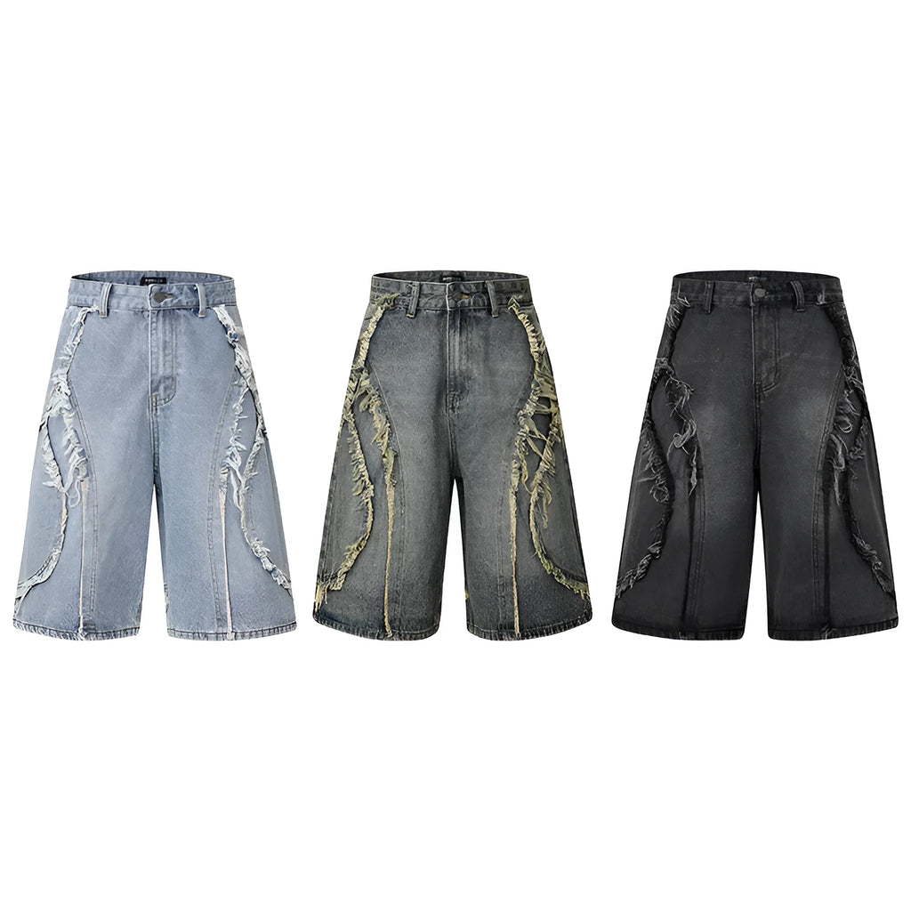 Distressed denim shorts with raw edge hem in straight cut hip hop style