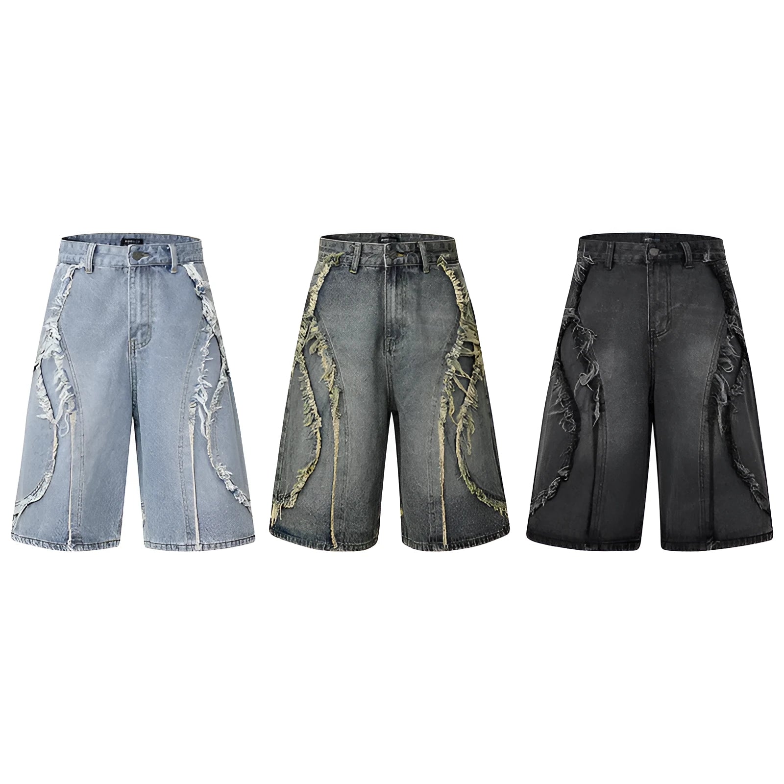Distressed denim shorts with raw edge hem in straight cut hip hop style