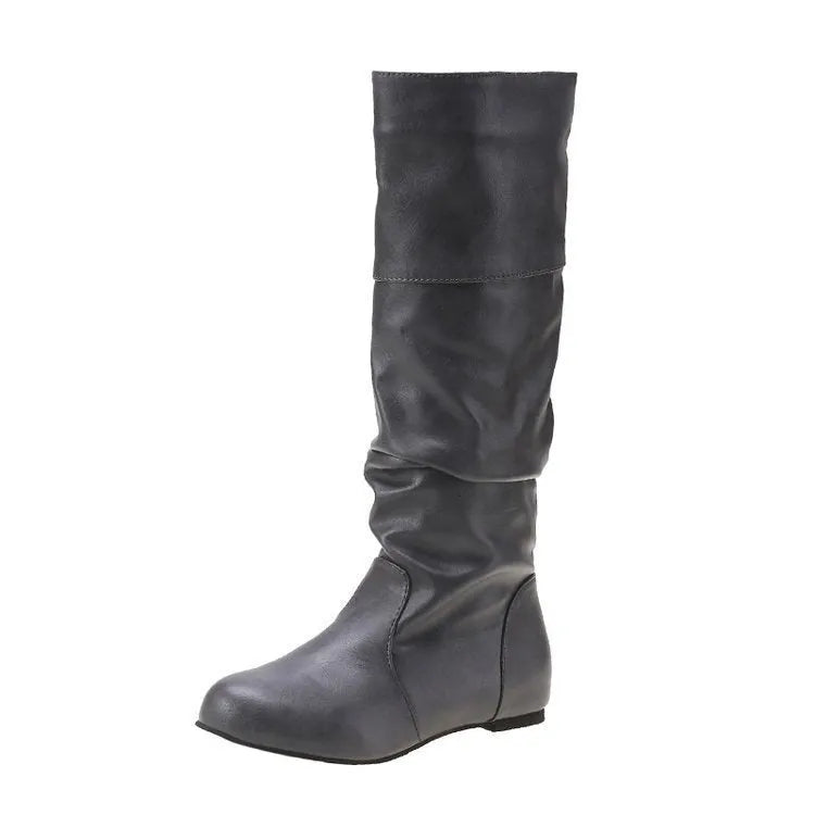 Women's flat round toe slip-on ankle boots in artificial PU leather with a high cylinder shaft.