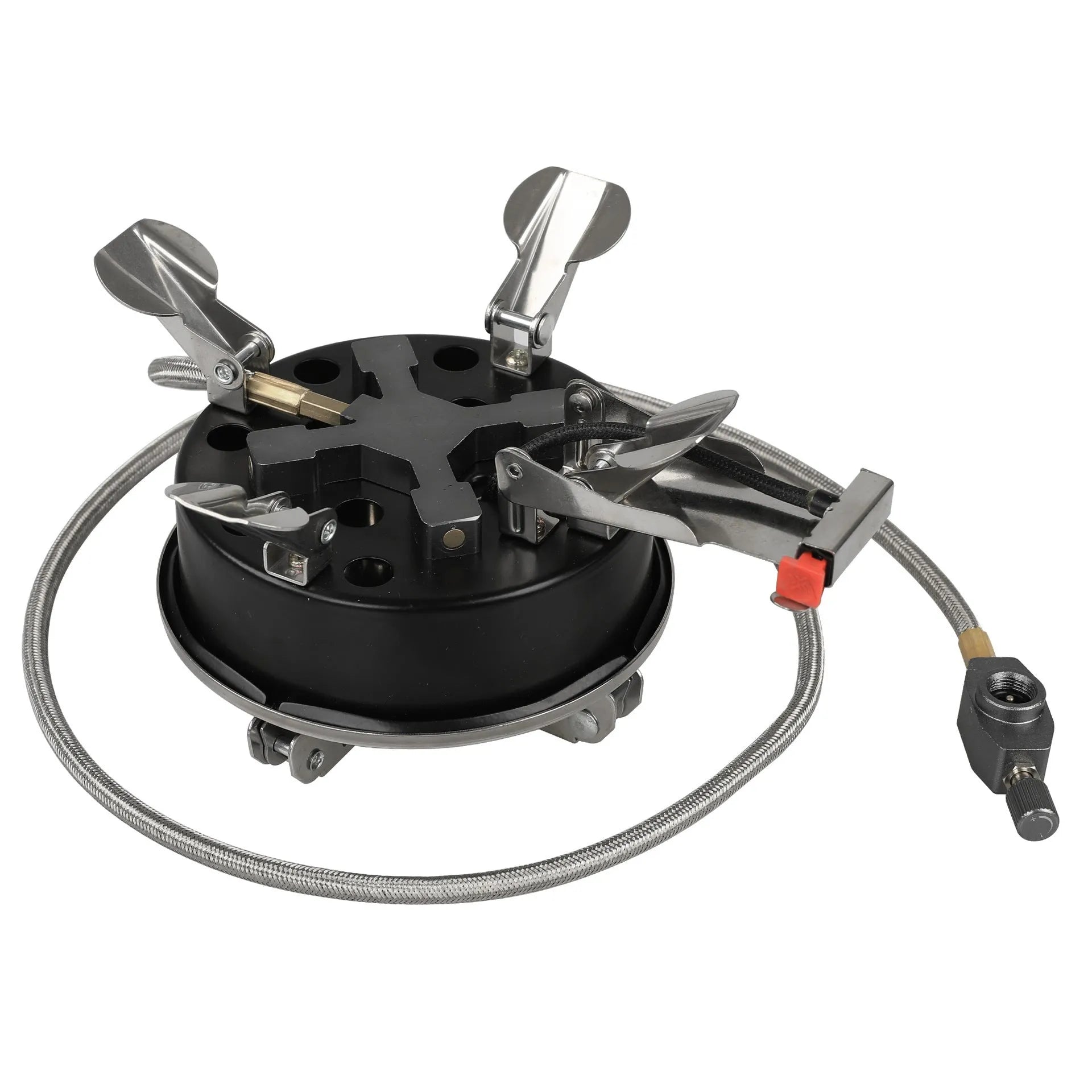 Silver stainless steel split camping stove with copper fittings and 100cm hose