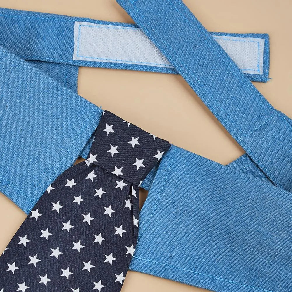 Adjustable denim dog collar with star pattern, shown as a bow tie style on a dog.