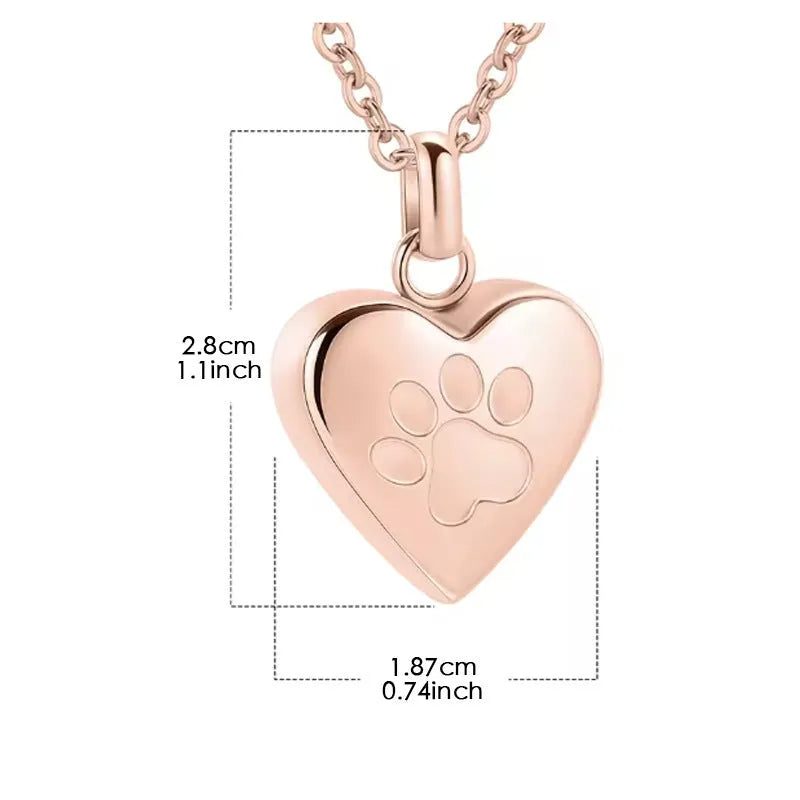 Openable heart-shaped paw print casket necklace in titanium steel on a chain.