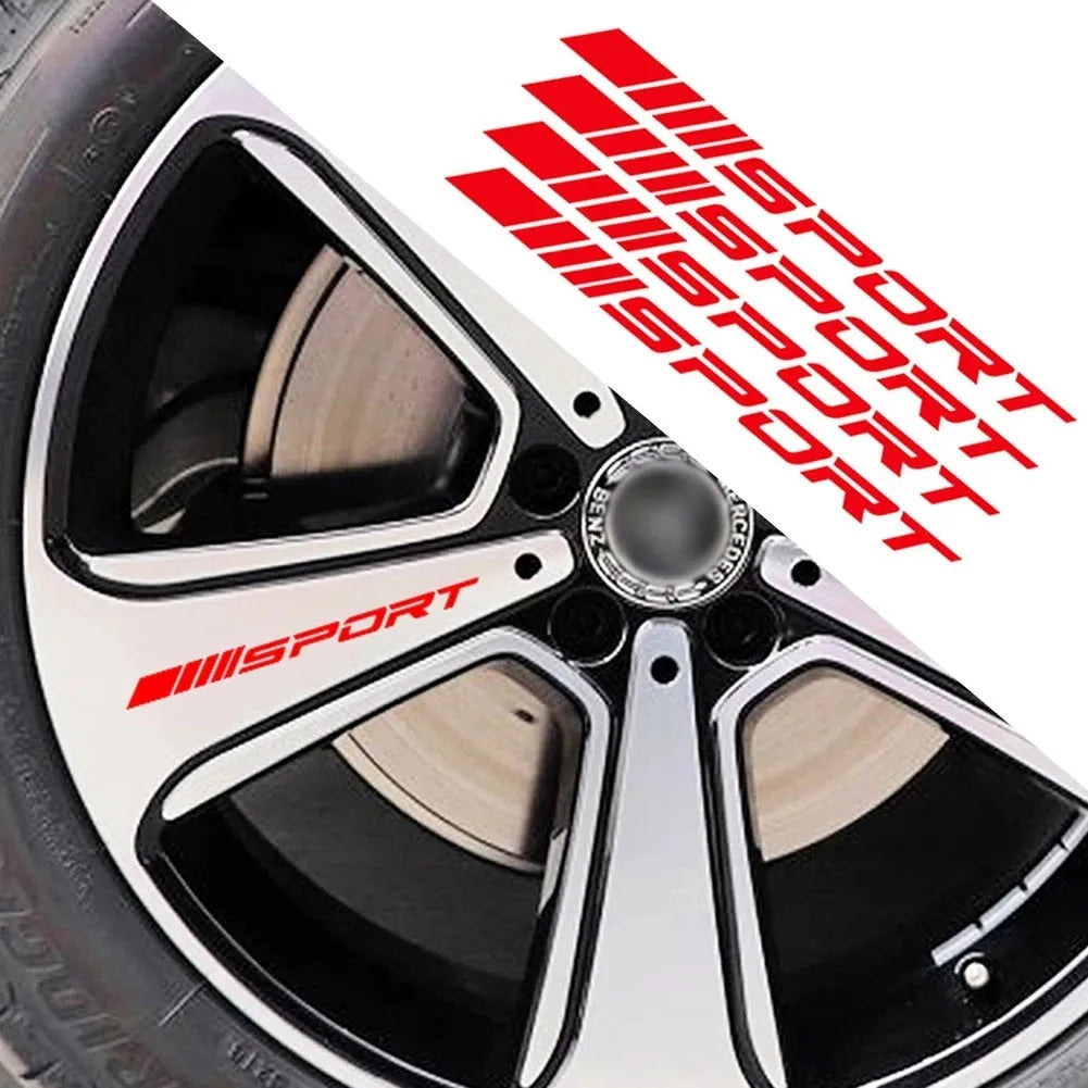 Sports hollow pattern car rim stickers in black, red, or white colours measuring 10 x 0.7 cm