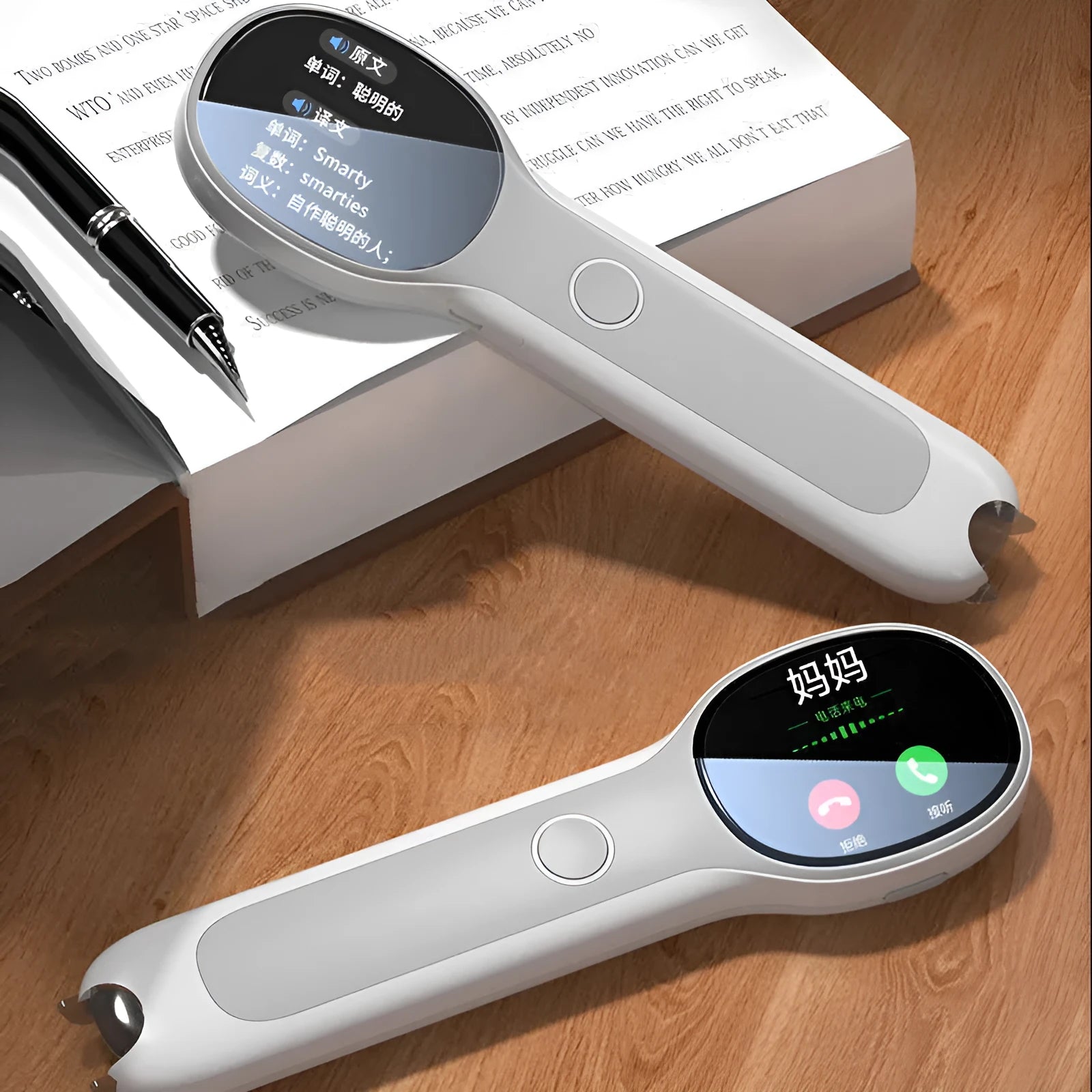 White Universal Basic Edition Reading Pen for language learning and translation with USB cable.