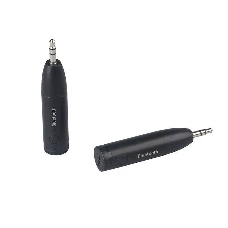 Black Bluetooth audio receiver with 3.5mm aux plug for car and home stereo wireless music streaming