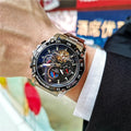 Men's stainless steel automatic mechanical watch showing 12mm thickness and available colour combinations