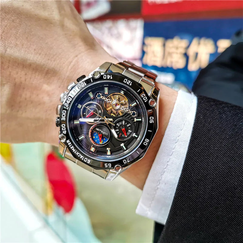 Men's stainless steel automatic mechanical watch showing 12mm thickness and available colour combinations