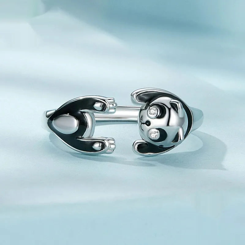 Panda open ring bracelet in sterling silver with white gold plating and adjustable opening