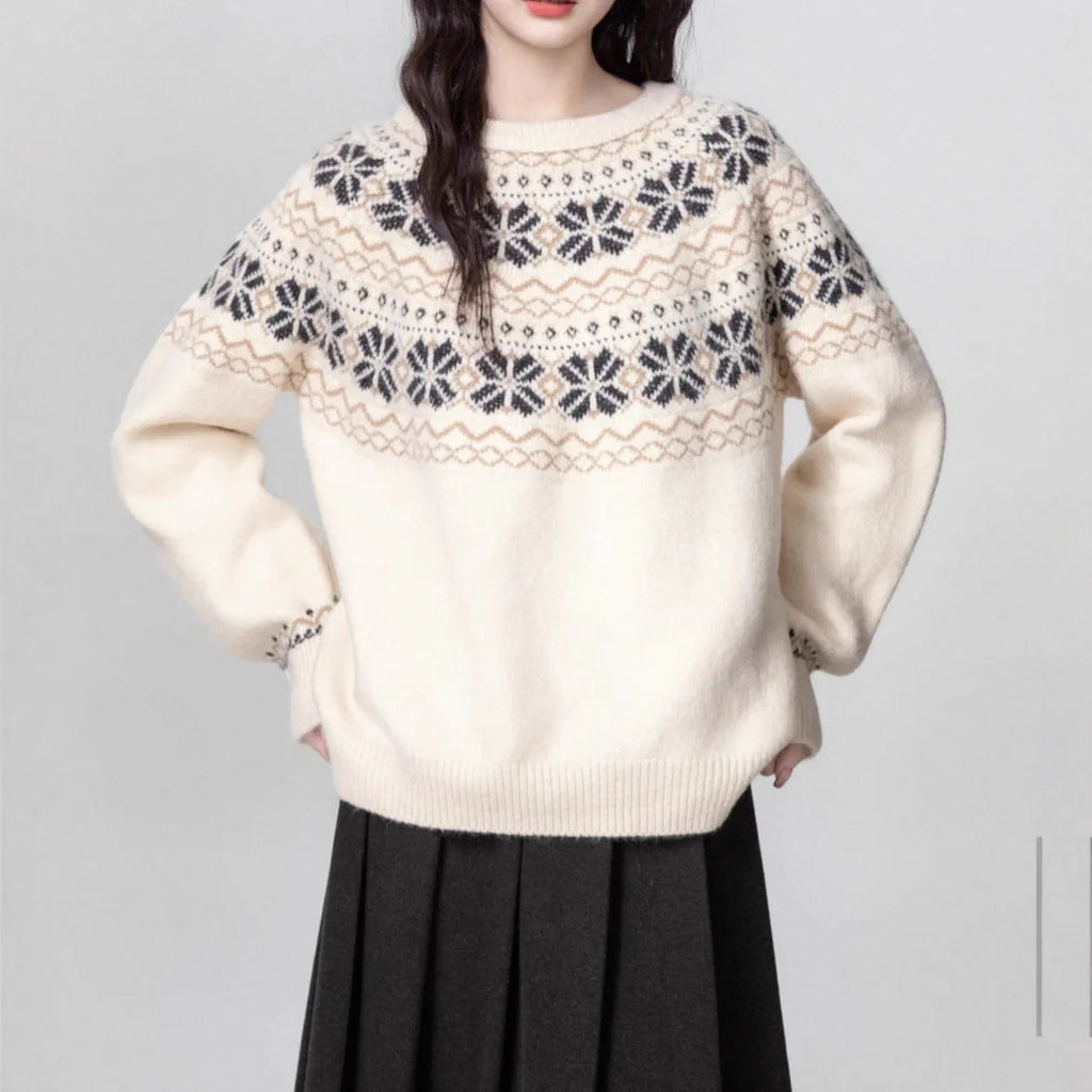 Women's Milky White geometric pattern pullover sweater with long sleeves and crew neck.
