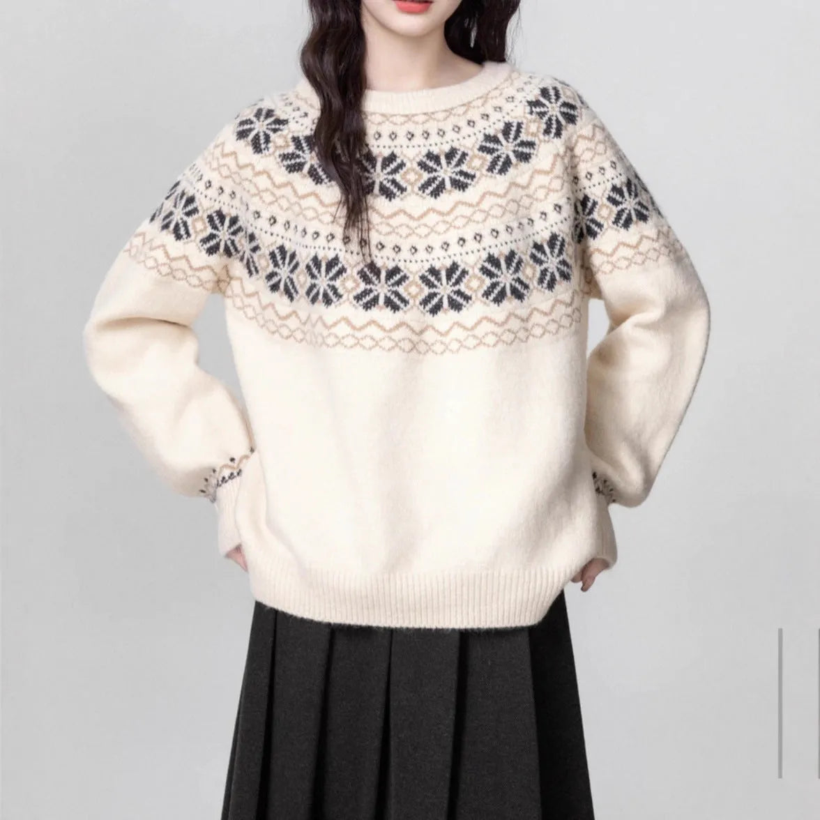 Women's Milky White geometric pattern pullover sweater with long sleeves and crew neck.