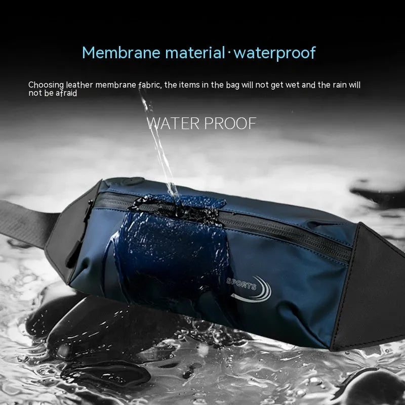 Men's waterproof waist bag in Derm Oxford polyester showing blue, black and grey colour options
