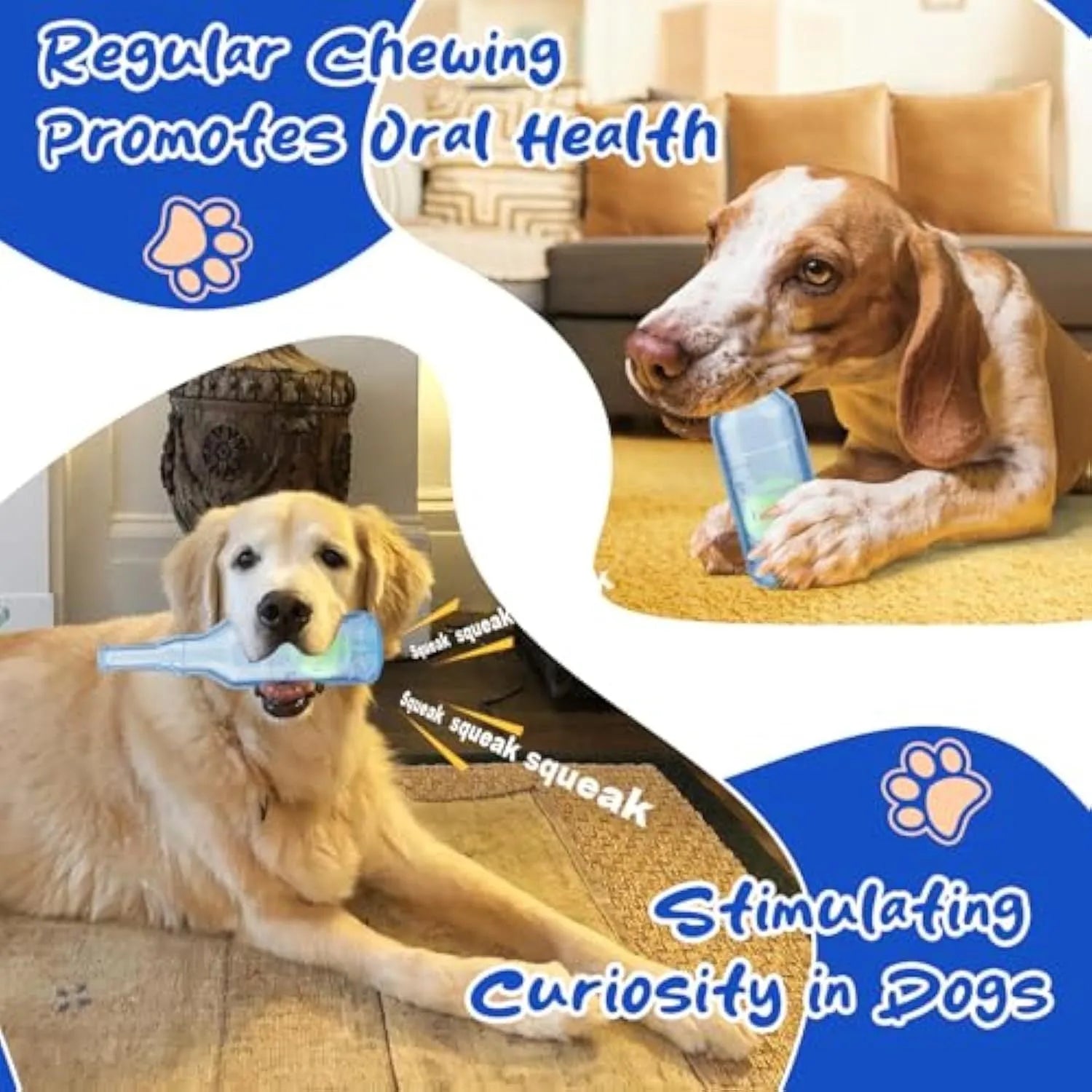 Blue natural rubber water bottle dog toy with squeaker for aggressive chewing dogs