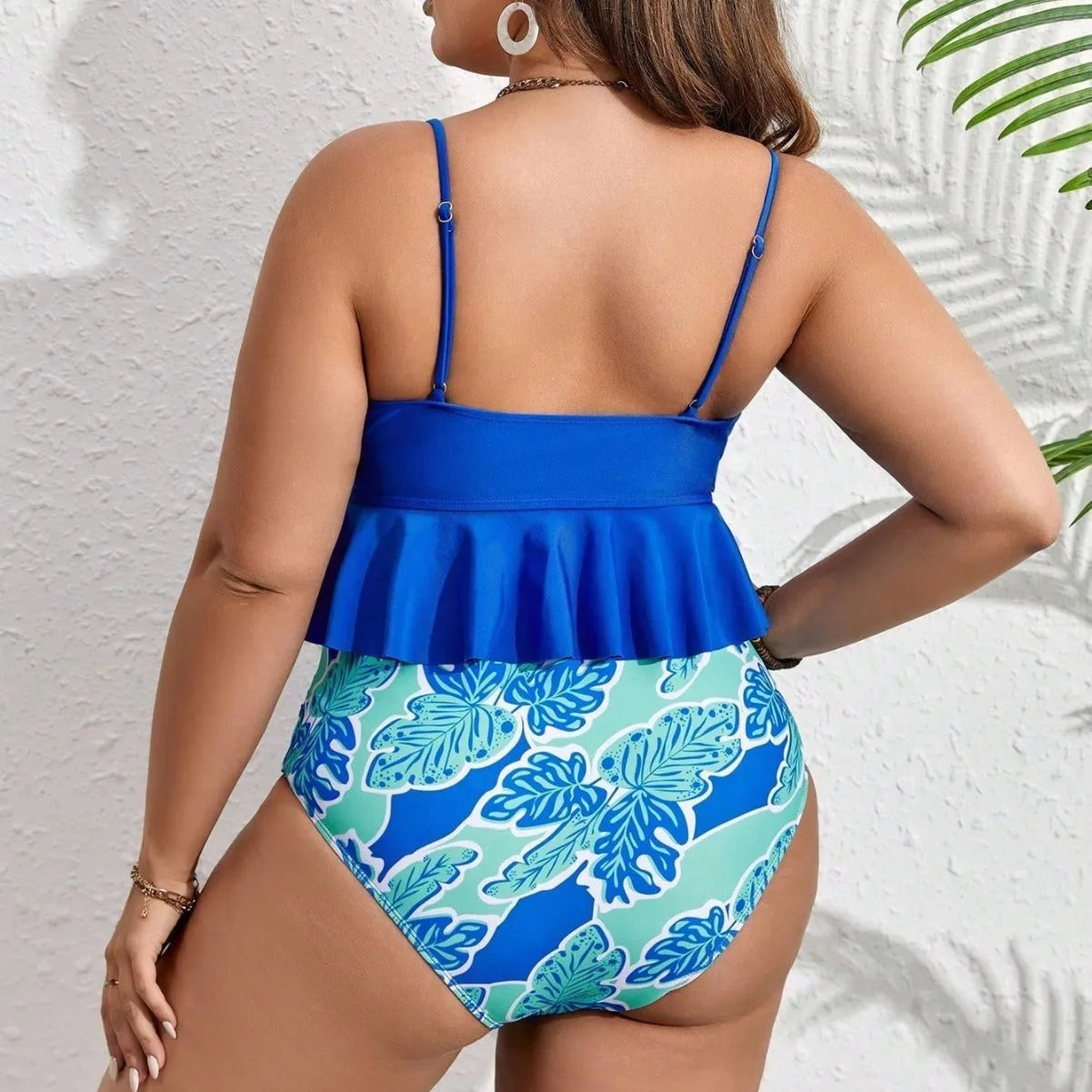 Blue women's plus size bikini swimsuit set with briefs, sizes 0XL to 4XL.