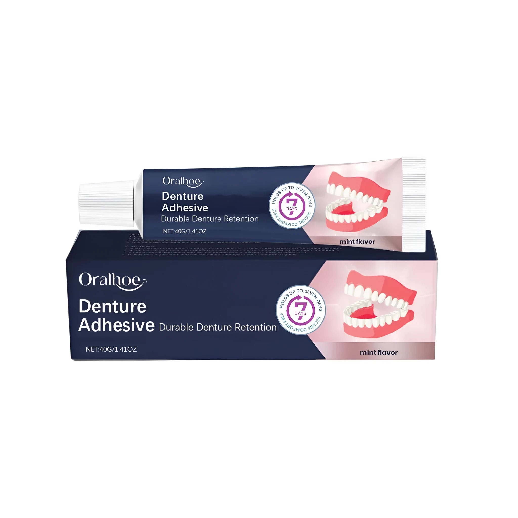40g tube of denture fixing adhesive cream with menthol flavour for secure dental appliance hold