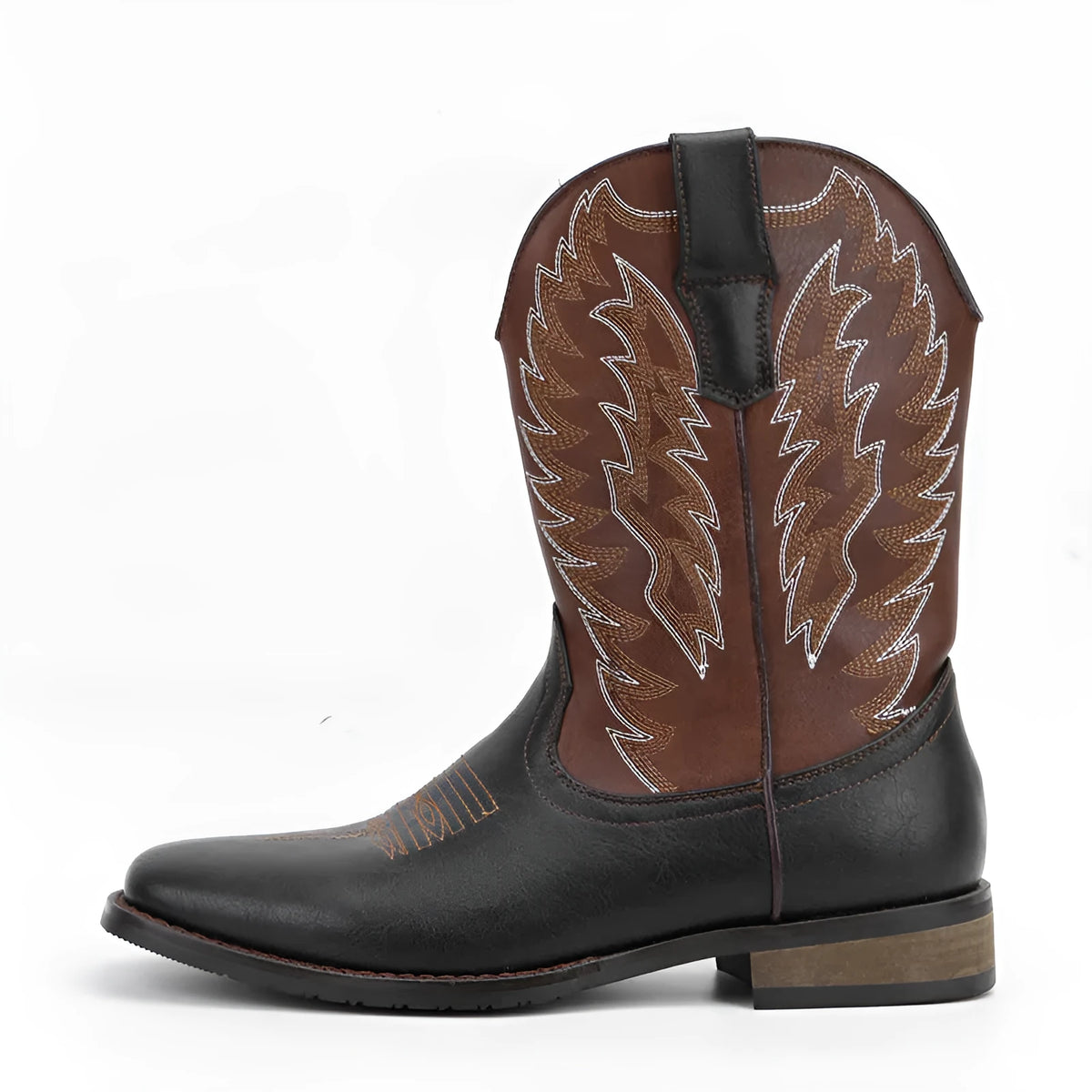 Men's black denim-look artificial leather western boots with square toe and low wedge heel.