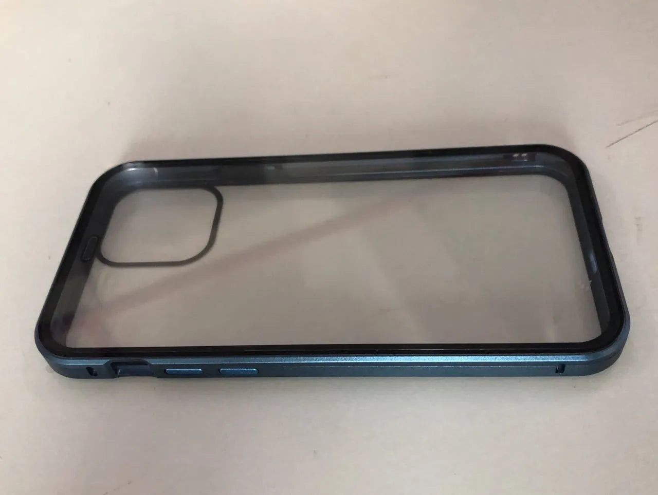 Black glass clamshell anti-spy phone case with a geometric pattern for iPhone.