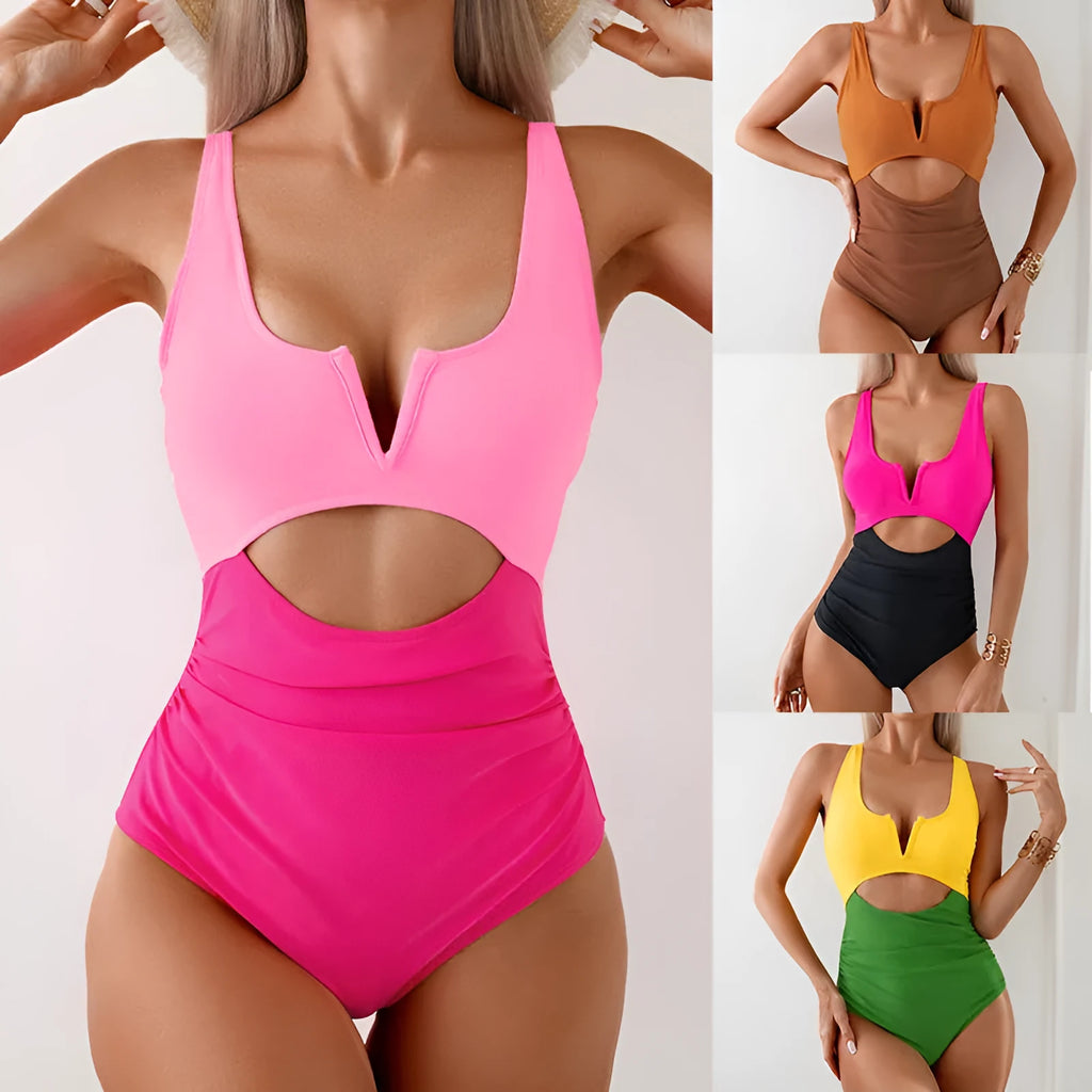 Women's nylon one-piece swimsuit in green, black, dark pink, or brown colour options, sizes S M L XL