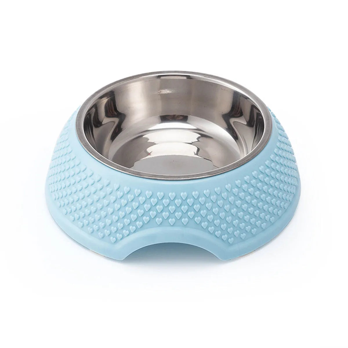 Set of four stainless steel pet bowls with non-slip bases in blue, green, and pink colours
