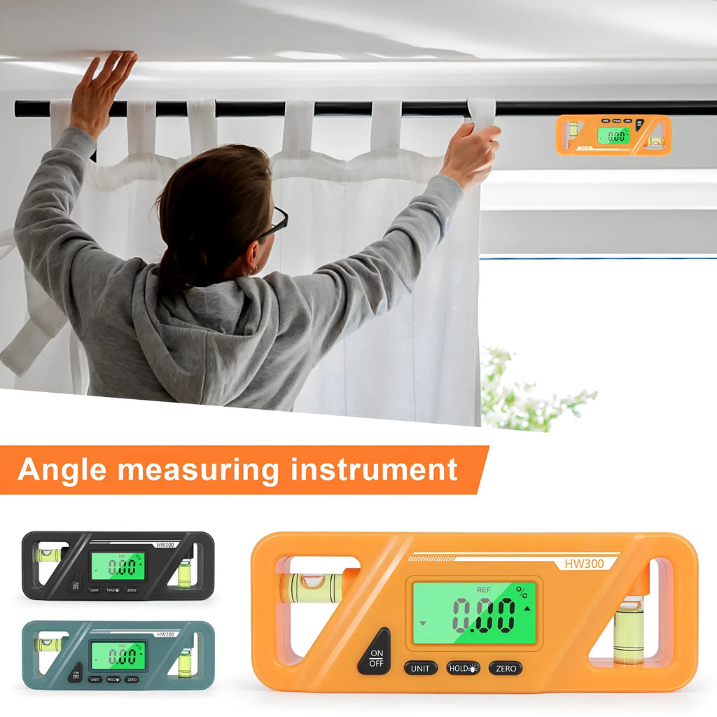 HW300 digital inclinometer level meter with magnetic base and LCD display showing angle reading.