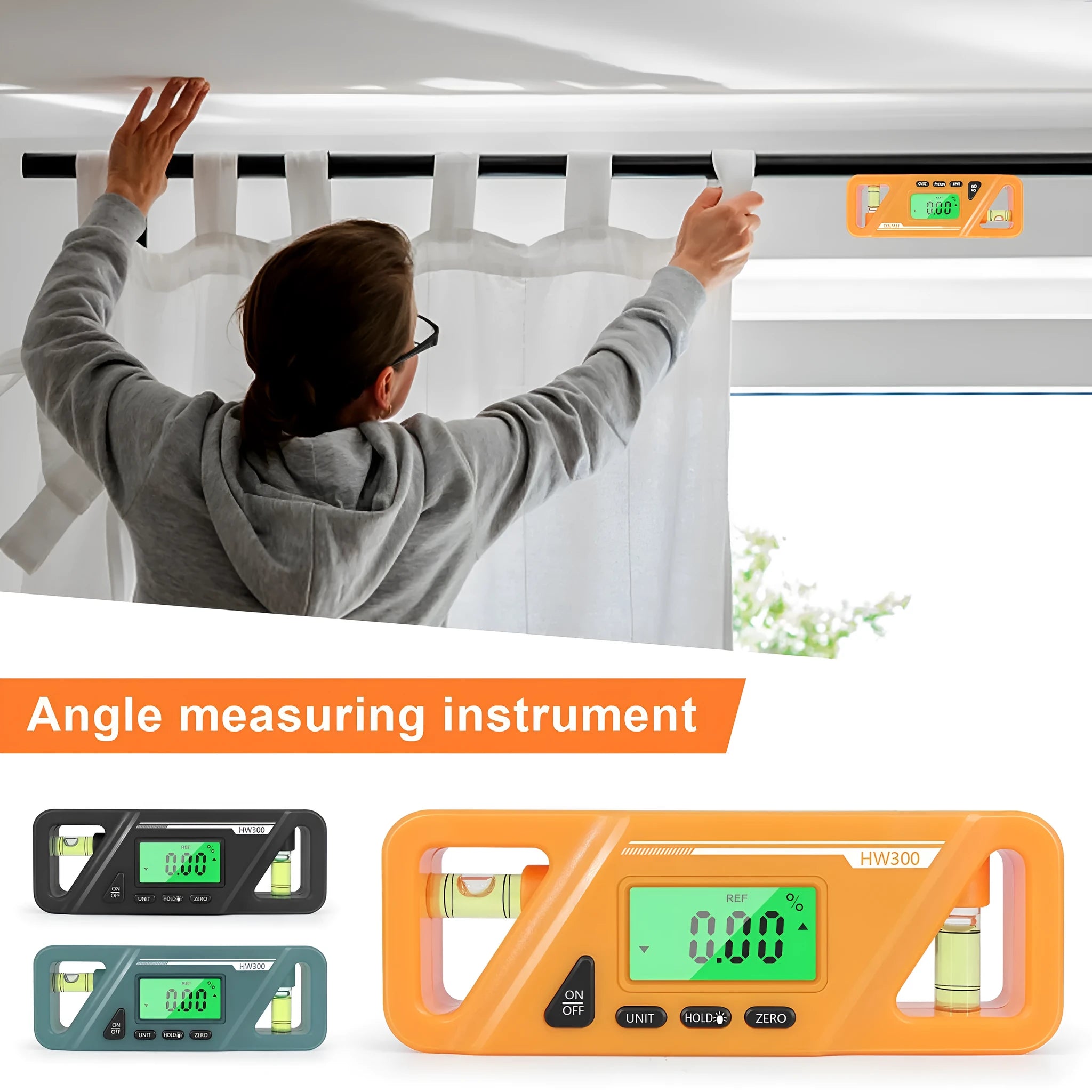 HW300 digital inclinometer level meter with magnetic base and LCD display showing angle reading.