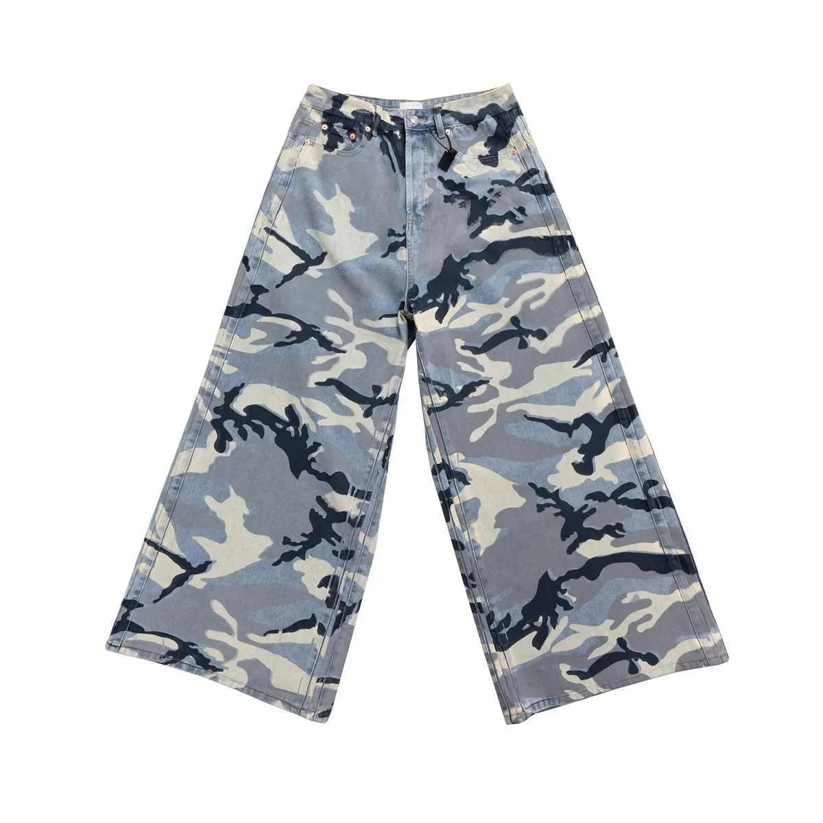 Snow camouflage blue loose-fit mid-waist jeans on a model, showing the camouflage pattern and trouser cut.