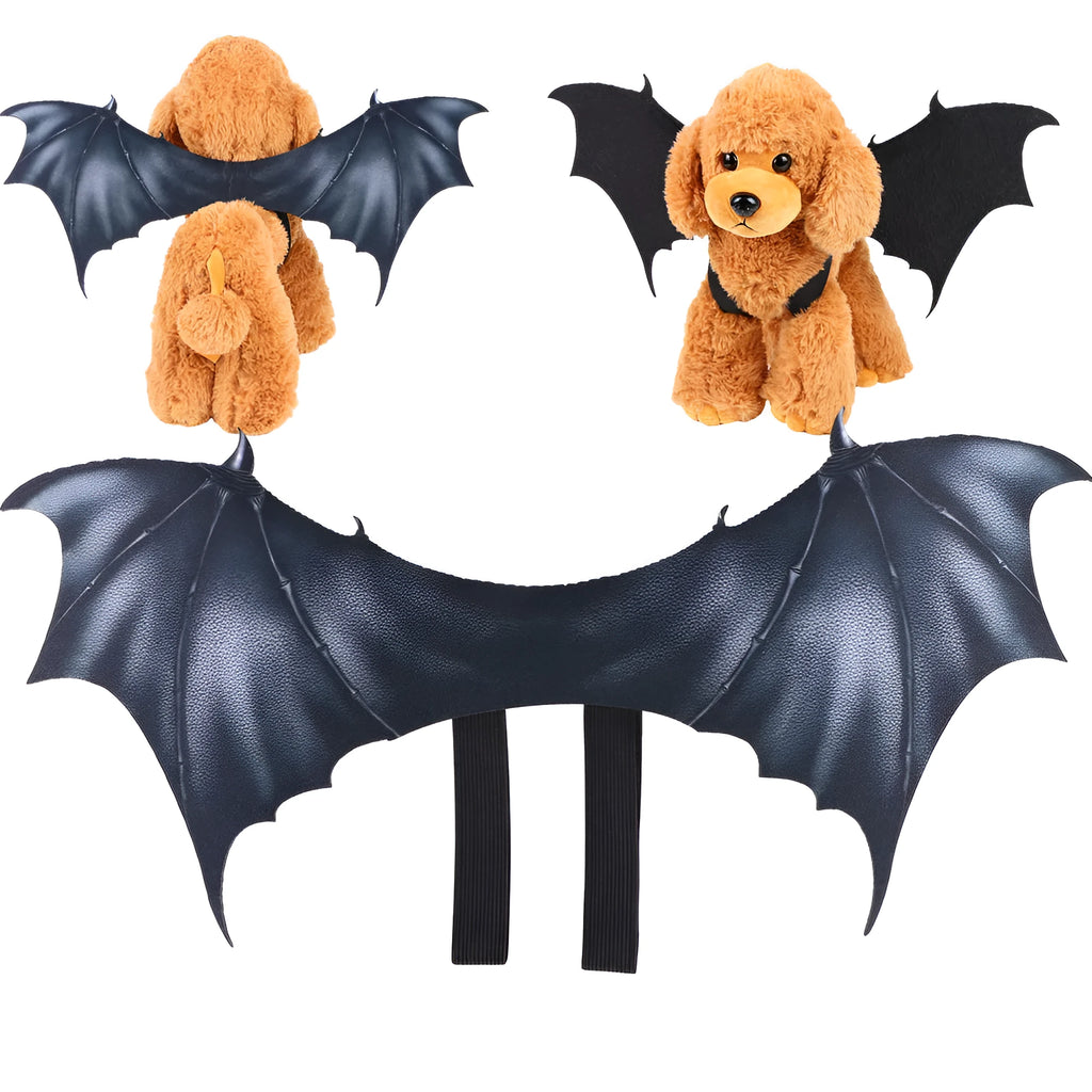Black cloth bat wings costume for pets with three size options for Halloween dress-up