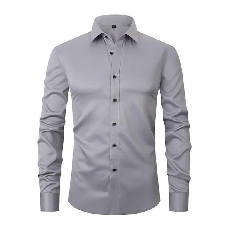 Men's stretch long sleeve work shirt in polyester fibre, showing colour options and sizing details.