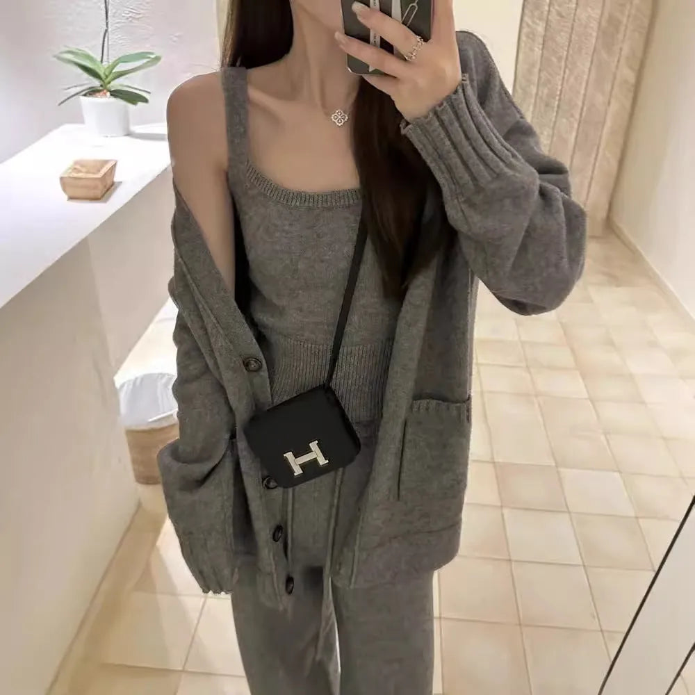 Women's knit cardigan vest trousers three-piece set in neutral colour wool blend fabric