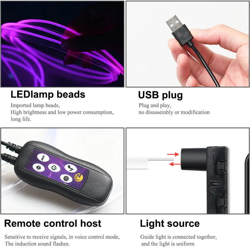 Car USB LED atmosphere decorative light strip with colour changing effects for dashboard installation