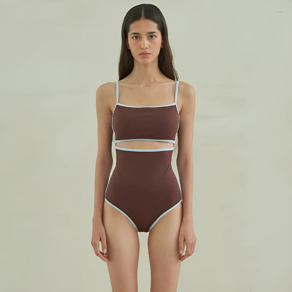 Brown women's triangle top one-piece swimsuit in nylon fabric showing front design