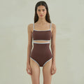 Brown women's triangle top one-piece swimsuit in nylon fabric showing front design