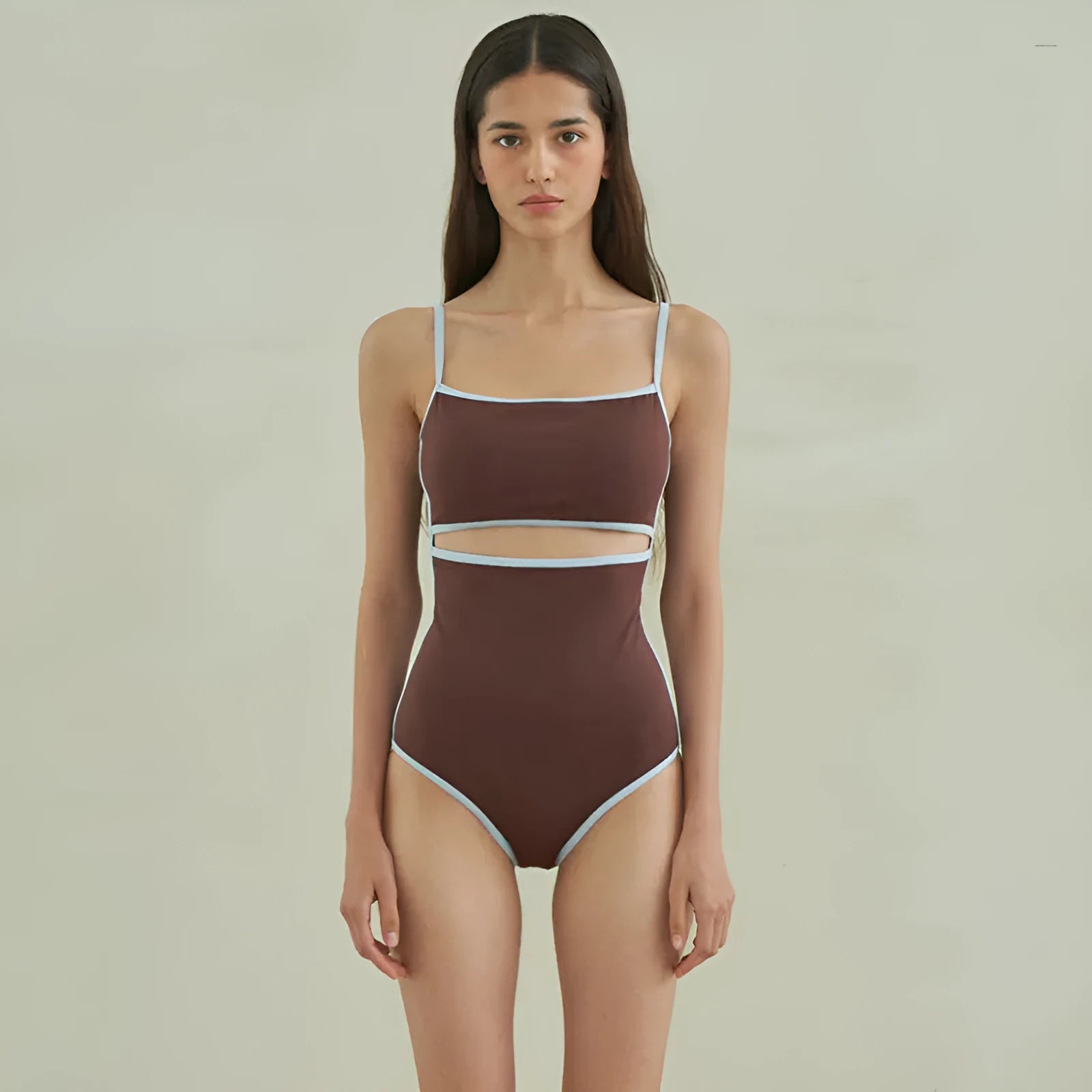 Brown women's triangle top one-piece swimsuit in nylon fabric showing front design