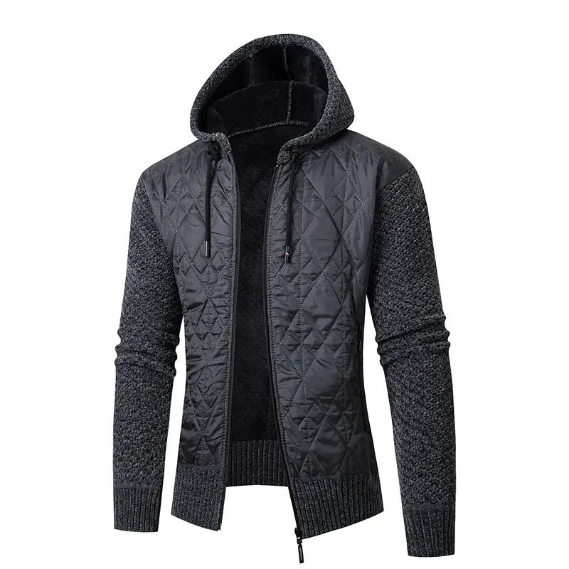 Men's grey hooded sweater coat with corduroy texture and cinched waist design