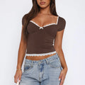 Women's short sleeve casual polyester top in Army Green colour on a hanger