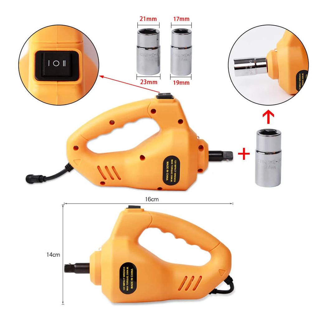Yellow steel car electric jack set with 12V electric wrench for vehicle tyre changing