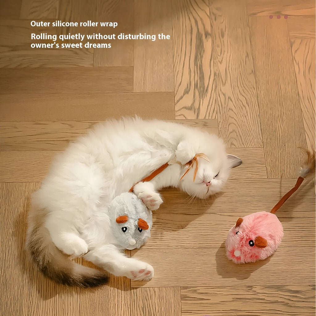 Electric plush mouse cat toy in pink, shown with a Type-C charging cable.