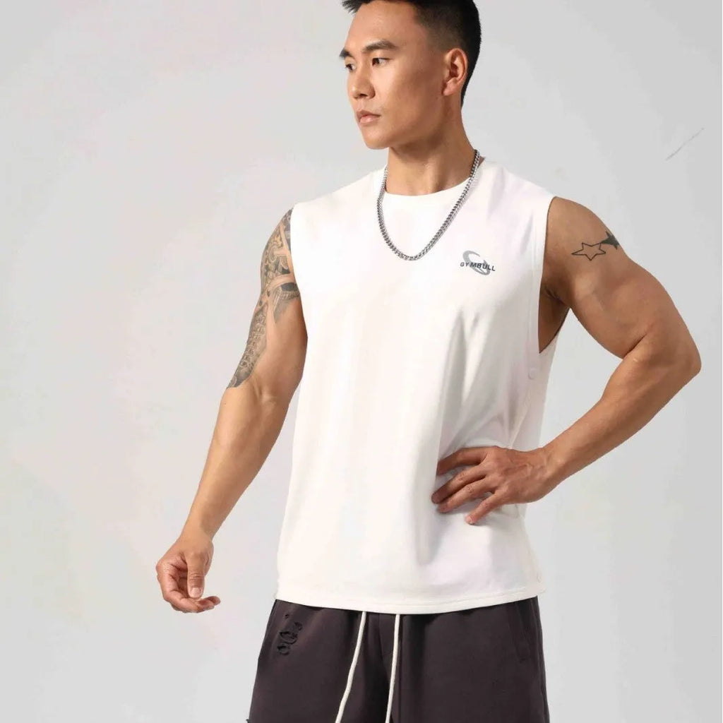 Korean style loose cotton fitness vest for men with hidden hook side opening in black colour