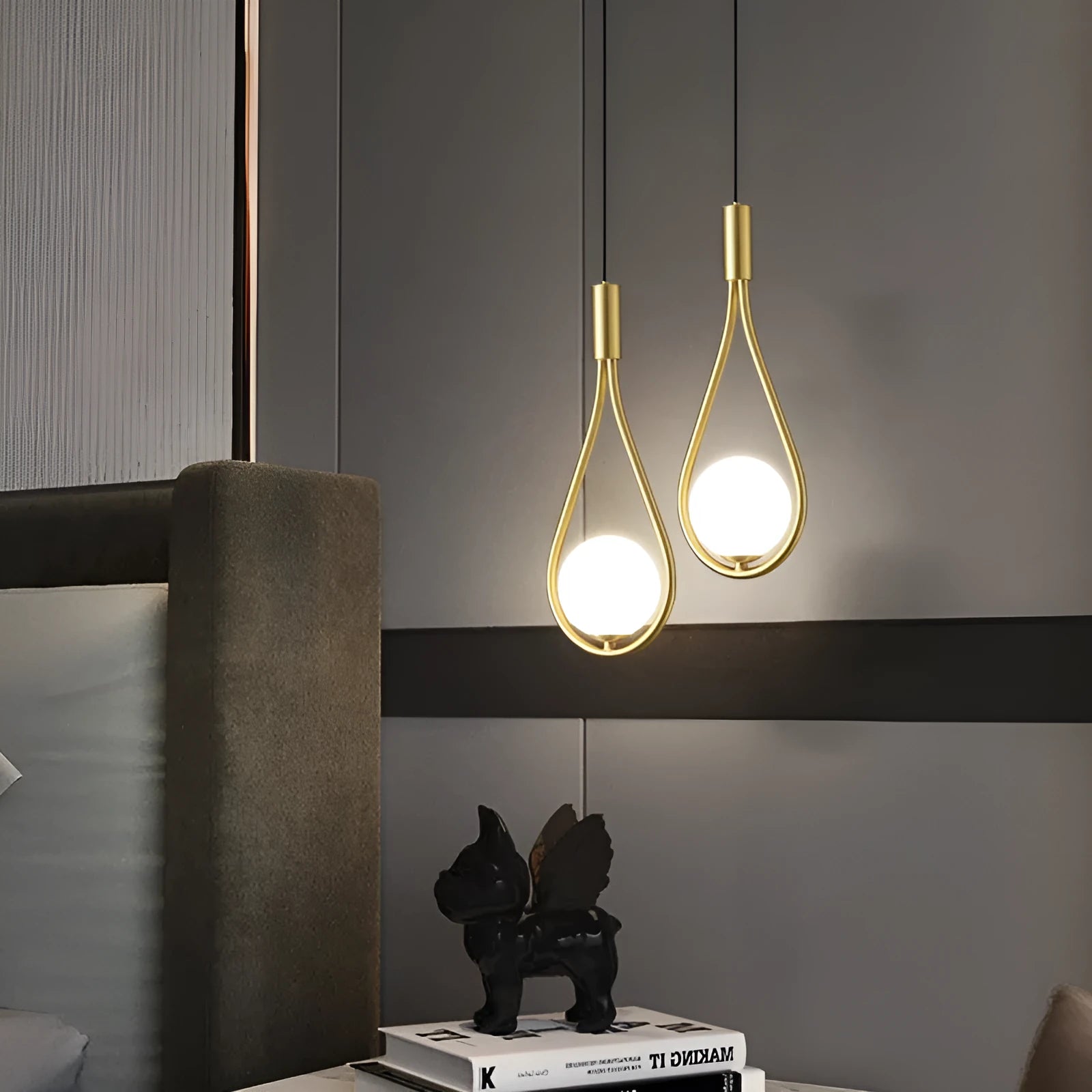 Copper modern minimalist bedside chandelier with 220V voltage showing three colour cover options