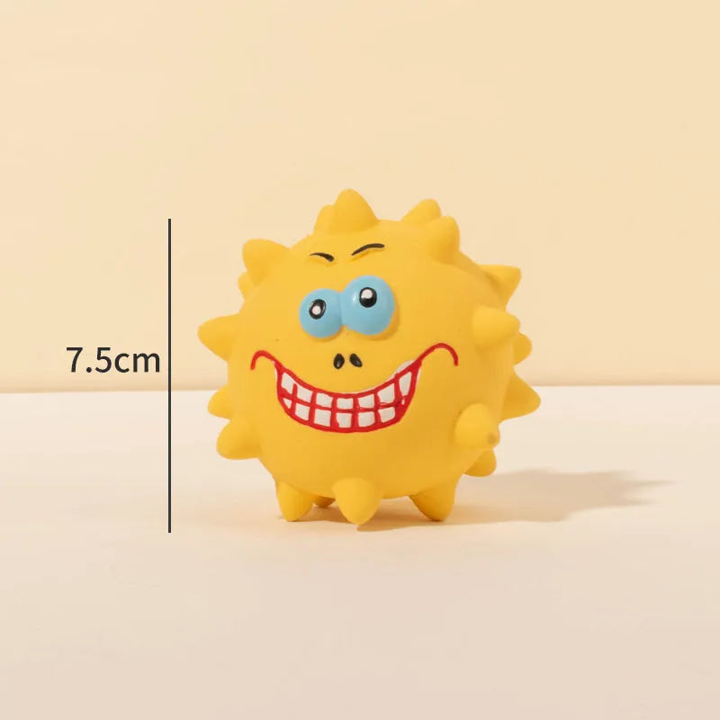 Set of colourful natural latex dog squeaky balls with bumpy surfaces and cute faces for teeth cleaning play